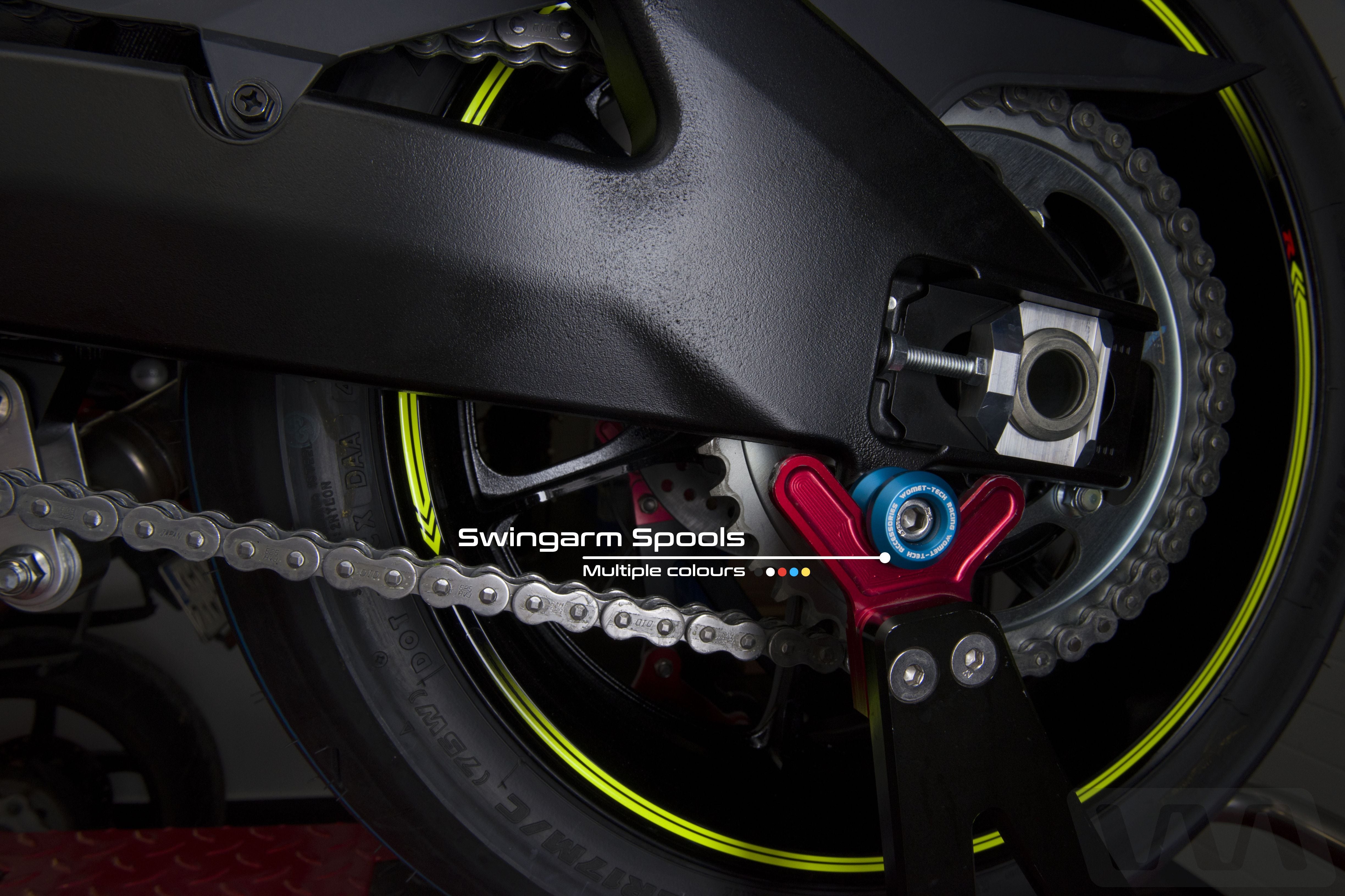 A highlight showing the Womet-Tech swing arm spools, installed in blue