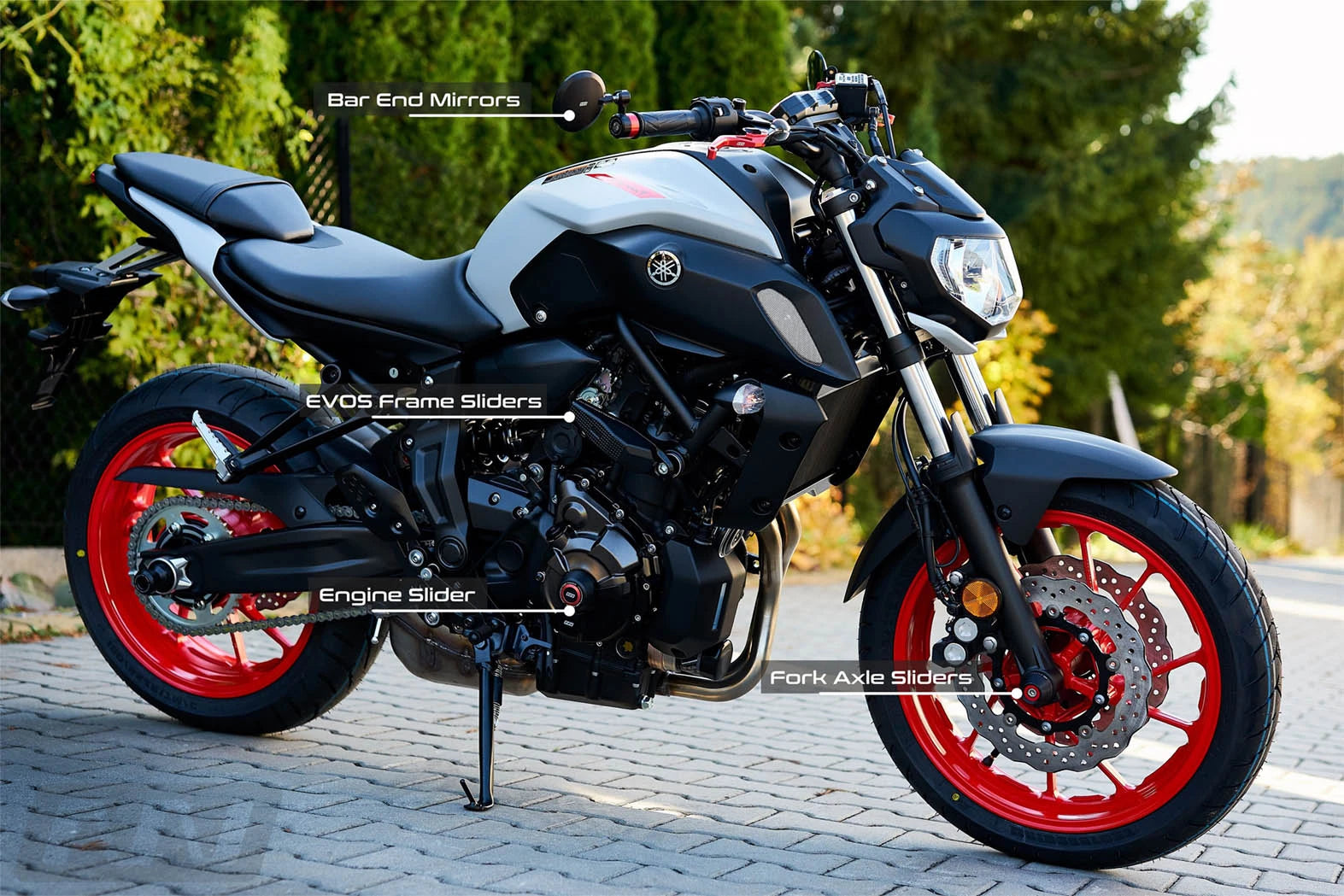 A Yamaha MT07, with highlighted Womet-Tech installed accessories